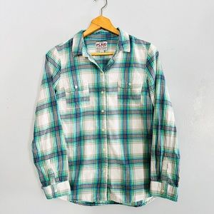 Old Navy Flannel Shirt | White, Turquoise, Navy Blue, Neon Yellow and Grey Plaid